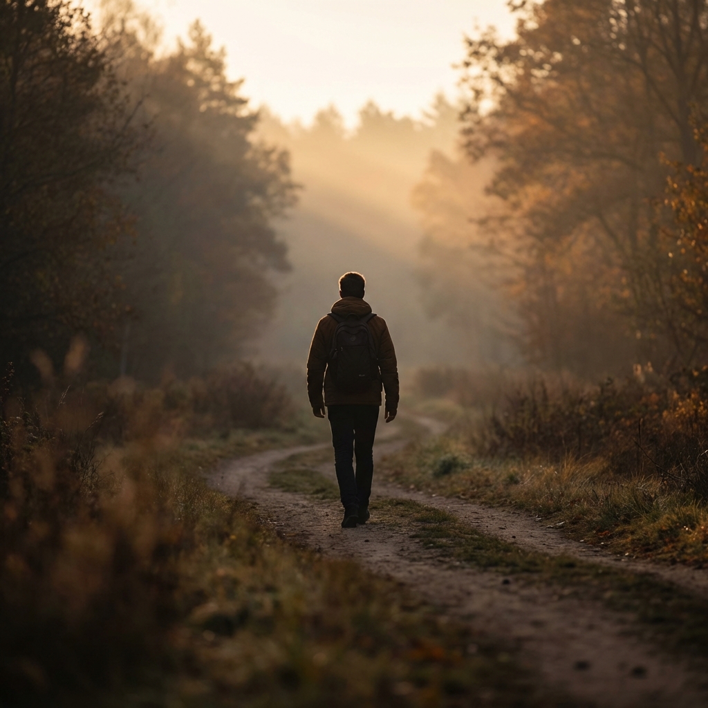 静かな道を一人で歩く後ろ姿と、遠くに広がる柔らかい光の写真