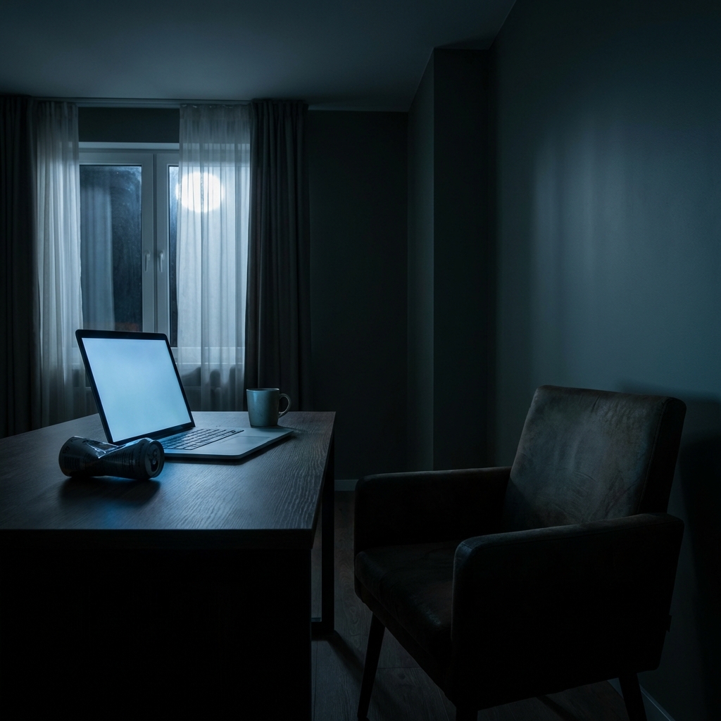 夜中に薄暗い部屋でPCの画面だけが光る、静かな作業机の写真
