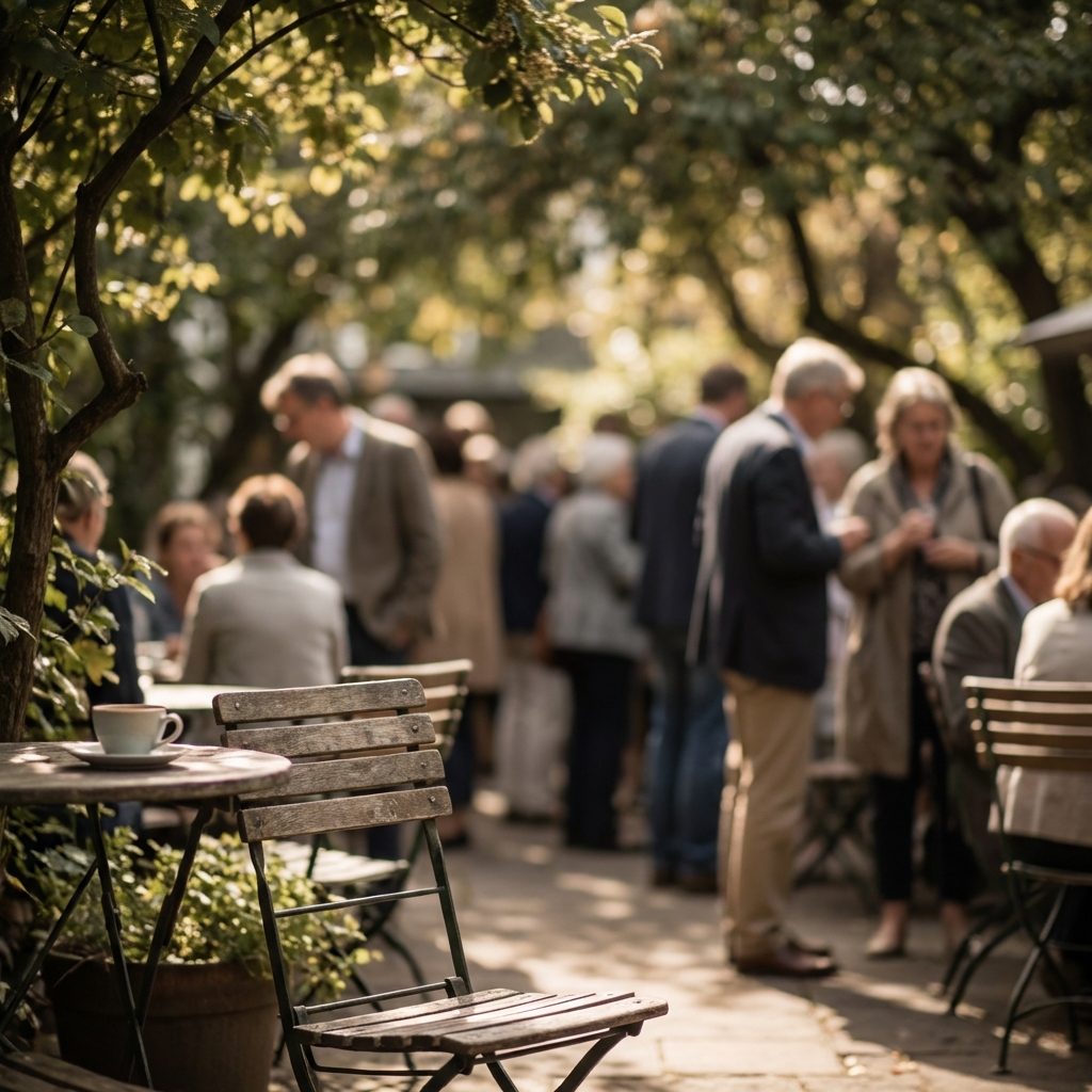 屋外の集まりをバックに、一人静かな空間が広がる写真