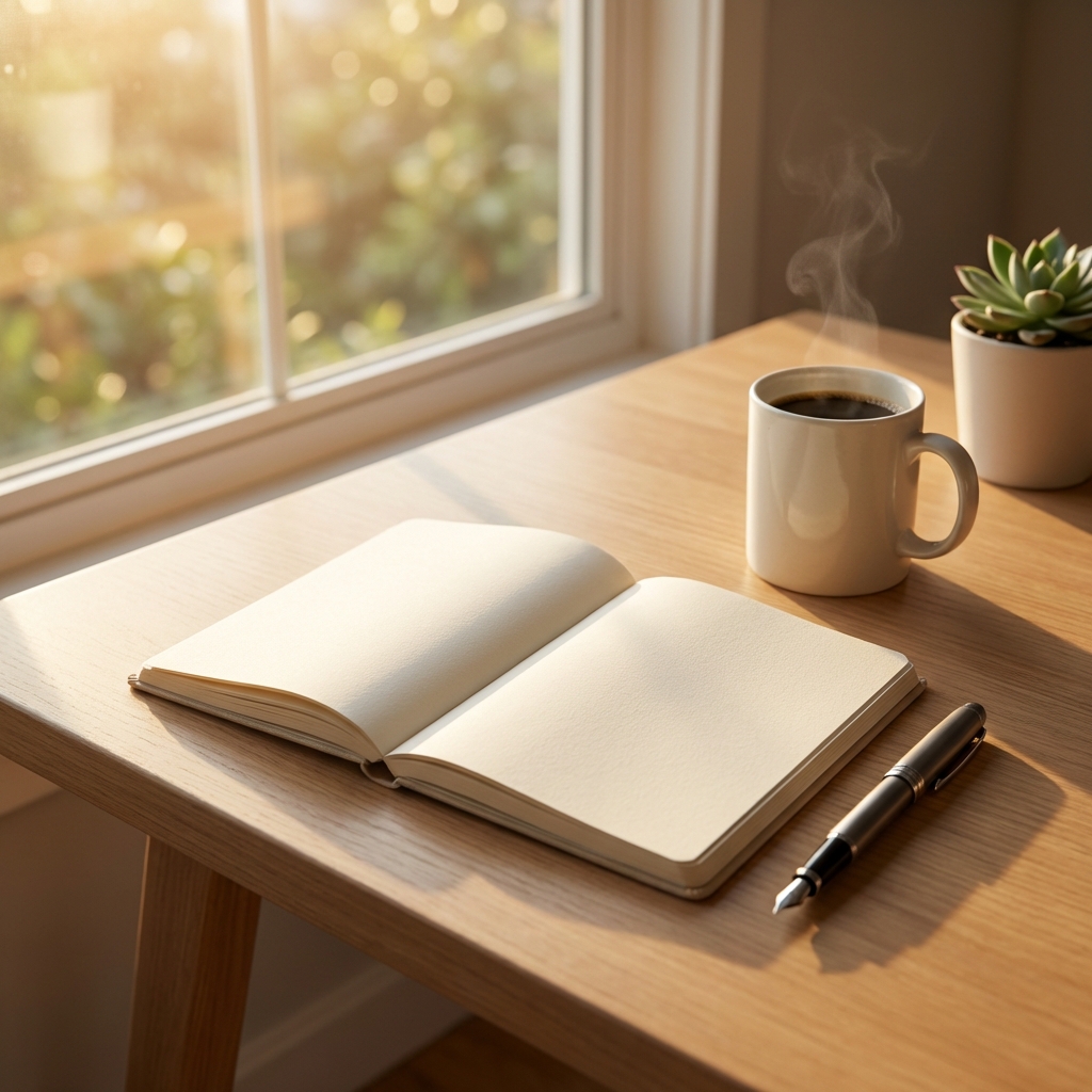 朝の自然光の中、開いたノートとペンが置かれた静かな作業机の写真